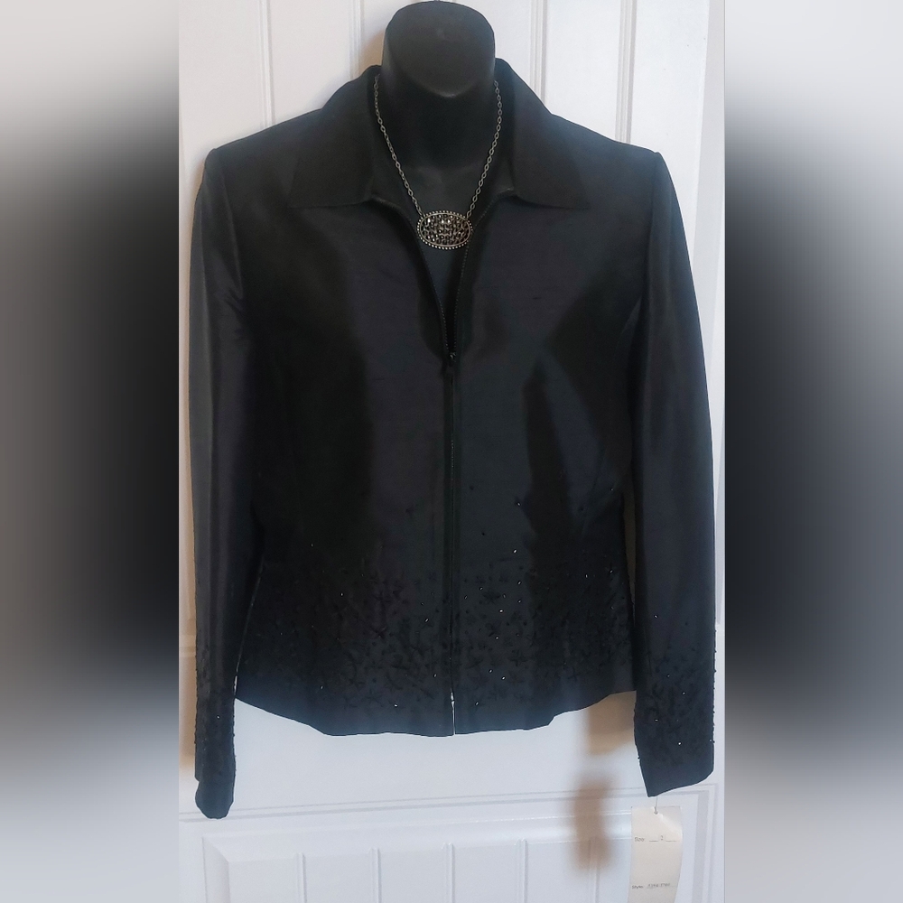 Jessica Ash Black Silk Beaded Designer Jacket/Top, New With Tags, Womens, Size 2